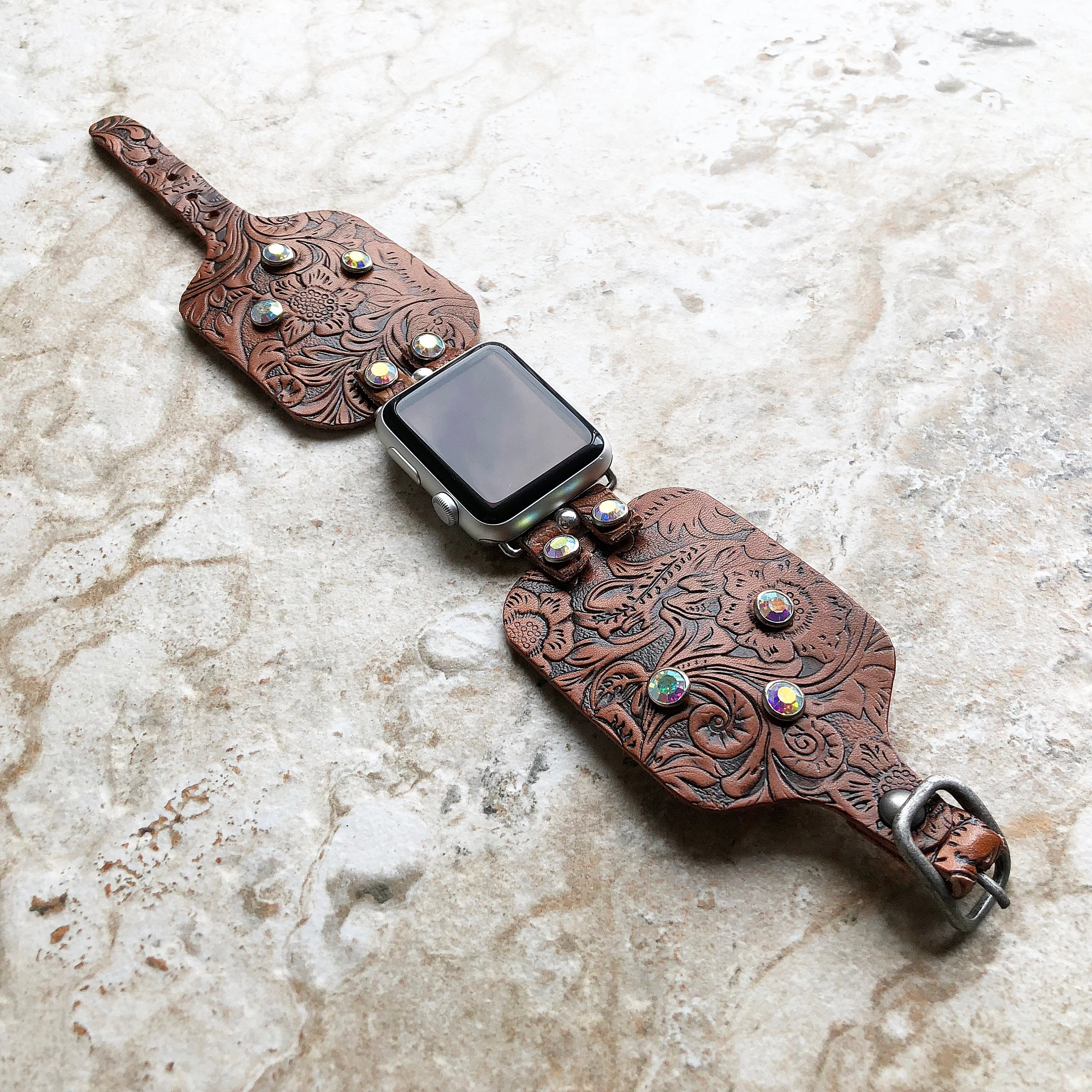 Apple Embossed Bracelet Band 41mm 45mm 49mm Brown Flourish Leather for iWatch Ultra 2 49mm and 9 8 Series Handmade Tooled Strap Crystals